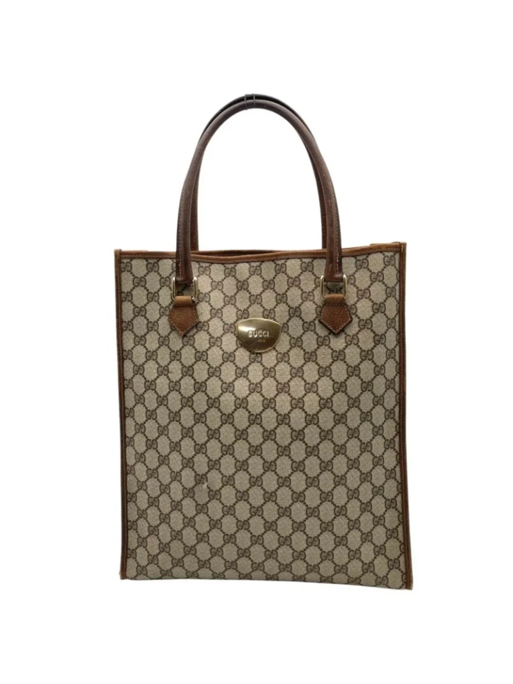 Gucci Tote Handle Vintage GG Plus Leather Gray Brown Gold Simple Business Daily